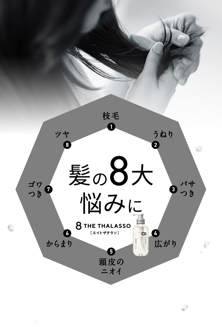 枝毛 うねり パサつき 広がり 頭皮のニオイ からまり ゴワつき ツヤ 髪の8大悩みに エイトザタラソ