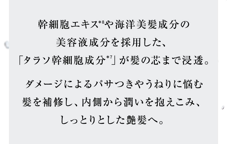 幹細胞エキスや海洋美髪成分の美容液成分を採用した、「タラソ幹細胞成分」が髪の芯まで浸透。ダメージによるパサつきやうねりに悩む髪を補修し、内側から潤いを抱えこみ、しっとりとした艶髪へ。