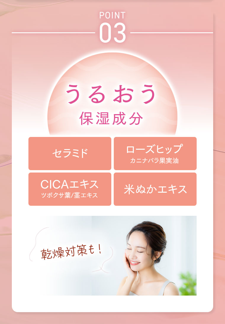 POINT03 うるおう保湿成分 セラミド CICAエキス ローズヒップ 米ぬかエキス