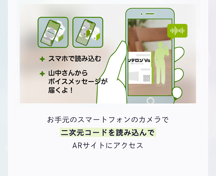 スマホで読み込む。山中さんからボイスメッセージが届くよ！お手元のスマートフォンのカメラで二次元コードを読み込んでARサイトにアクセス。