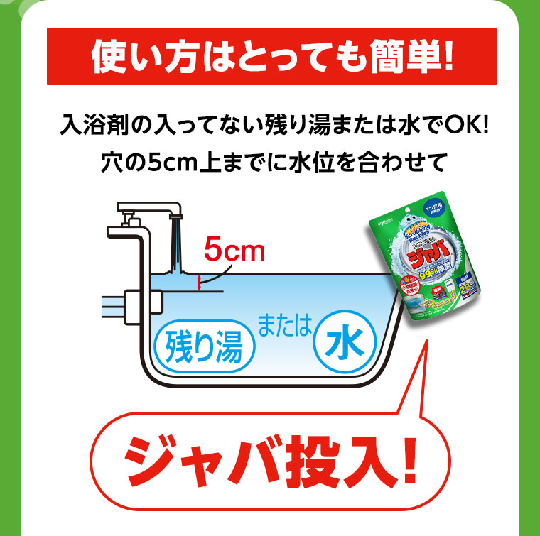 使い方はとっても簡単! 入浴剤の入ってない残り湯または水でOK! 穴の5cm上までに水位を合わせてジャバ投入!