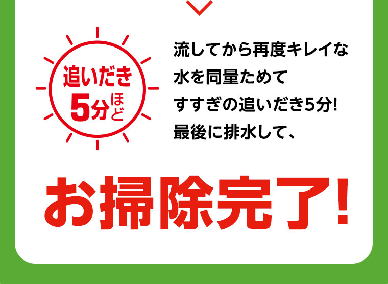 流してから再度キレイな水を同量ためて すすぎの追いだき5分! 最後に排水して、お掃除完了!