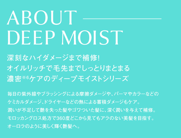 ABOUT DEEP MOIST 深刻なハイダメージまで補修! オイルリッチで毛先までしっとりまとまる 濃密ケアのディープモイストシリーズ