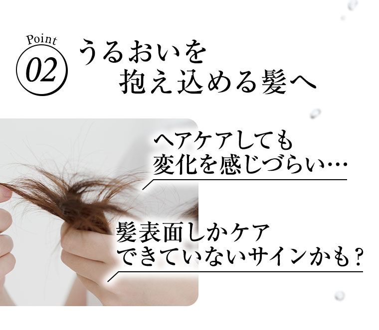 Point02 うるおいを抱え込める髪へ ヘアケアしても変化を感じづらい… 髪表面しかケアできていないサインかも?