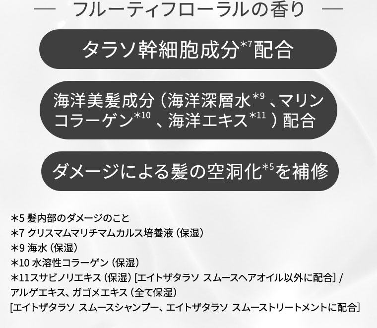 フルーティフローラルの香り タラソ幹細胞成分配合 海洋美髪成分配合 ダメージによる髪の空洞化を補修