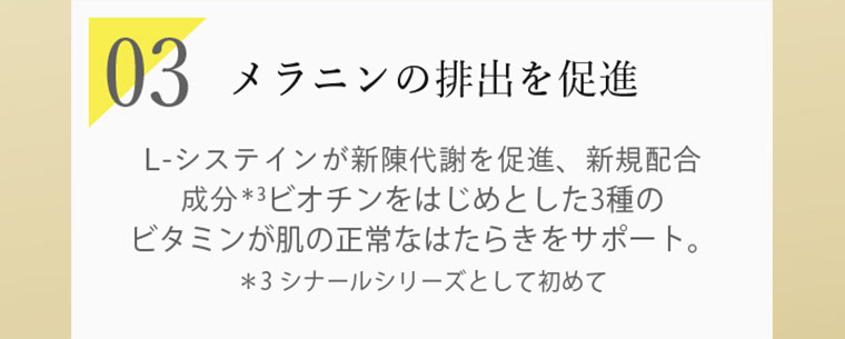 03 メラニンの排出を促進 L-システインが新陳代謝を促進、新規配合成分ビオチンをはじめとした3種のビタミンが肌の正常なはたらきをサポート。
