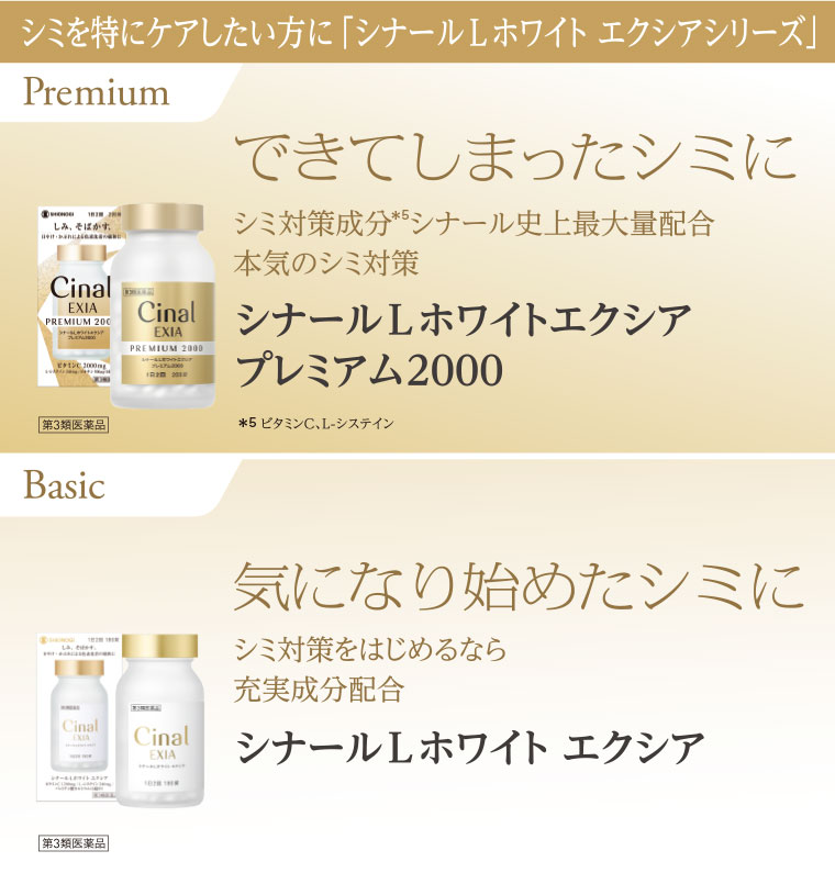 シミを特にケアしたい方に「シナールLホワイト エクシアシリーズ」 Premium できてしまったシミに シナールLホワイト エクシア プレミアム2000 Basic 気になり始めたシミに シナールLホワイト エクシア