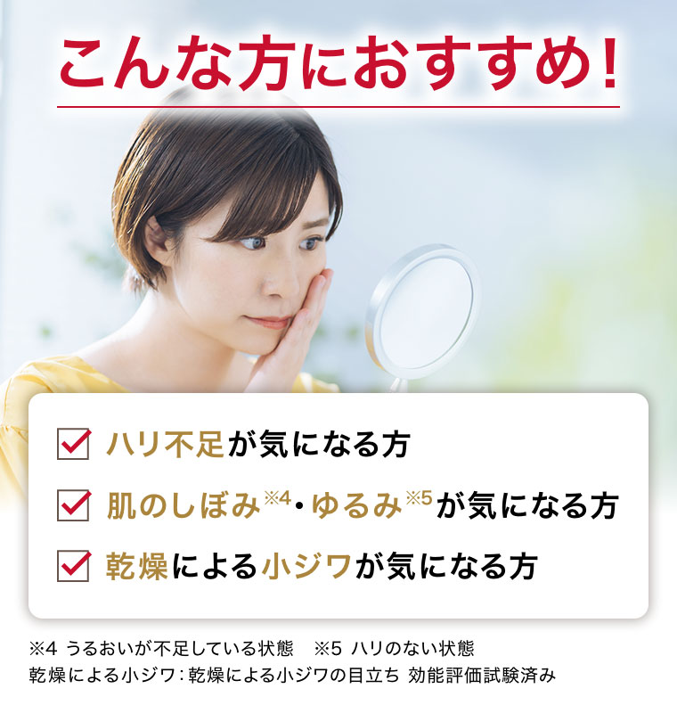 こんな方におすすめ! ハリ不足が気になる方 肌のしぼみ・ゆるみが気になる方 乾燥による小ジワが気になる方
