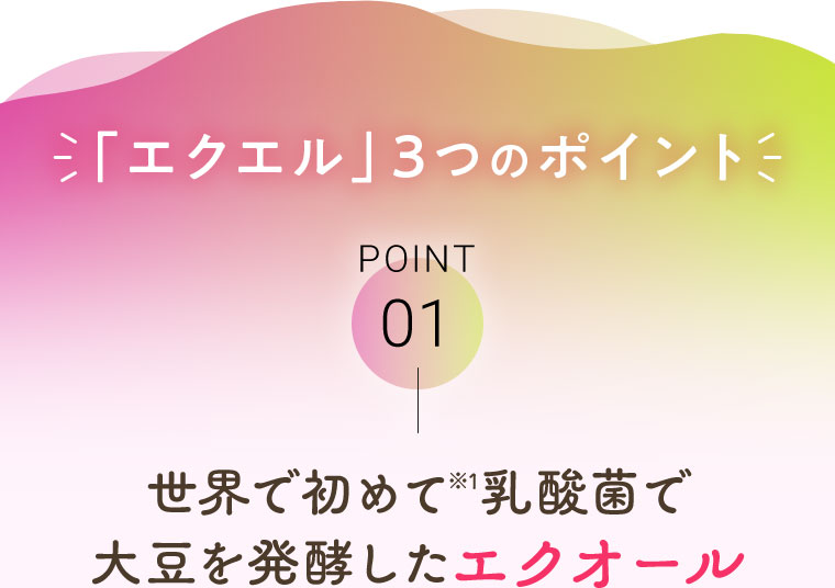 「エクエル」3つのポイント　POINT01 世界で初めて乳酸菌で大豆を発酵したエクオール