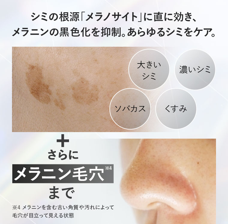 シミの根源「メラノサイト」に直に効き、メラニンの黒色化を抑制。あらゆるシミをケア。さらにメラニン毛穴まで