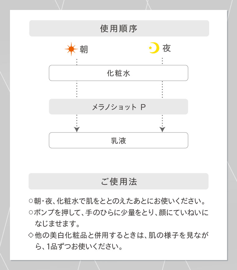 使用順序 化粧水 メラノショットP 乳液 ご使用法 朝・夜、化粧水で肌をととのえたあとにお使いください。ポンプを押して、手のひらに少量をとり、顔にていねいになじませます。他の美白化粧品と併用するときは、肌の様子を見ながら、1品ずつお使いください。