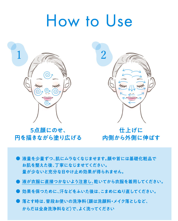 How to Use 1 5点顔にのせ、円を描きながら塗り広げる 2 仕上げに内側から外側に伸ばす