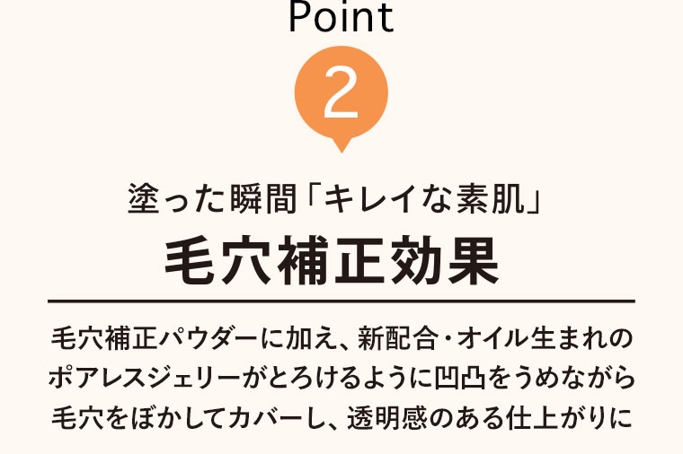 Point2 塗った瞬間「キレイな素肌」毛穴補正効果 毛穴補正パウダーに加え、新配合・オイル生まれのポアレスジェリーがとろけるように凹凸をうめながら毛穴をぼかしてカバーし、透明感のある仕上がりに