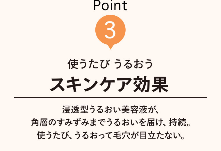 Point3 使うたびうるおうスキンケア効果 浸透型うるおい美容液が、角層のすみずみまでうるおいを届け、持続。使うたび、うるおって毛穴が目立たない。