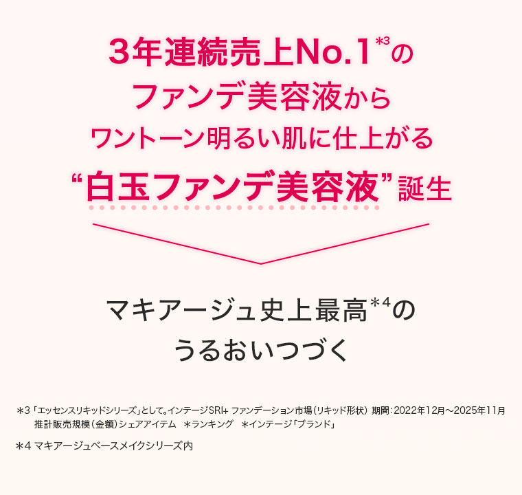 3年連続売上No.1のファンデ美容液から ワントーン明るい肌に仕上がる 白玉ファンデ美容液 誕生 マキアージュ史上最高のうるおいつづく