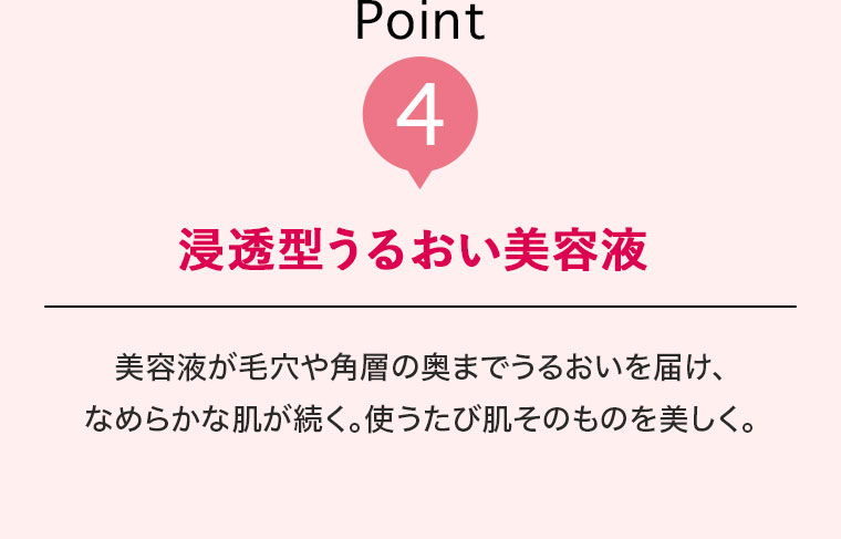 Point4 浸透型うるおい美容液 美容液が毛穴や角層の奥までうるおいを届け、なめらかな肌が続く。使うたび肌そのものを美しく。