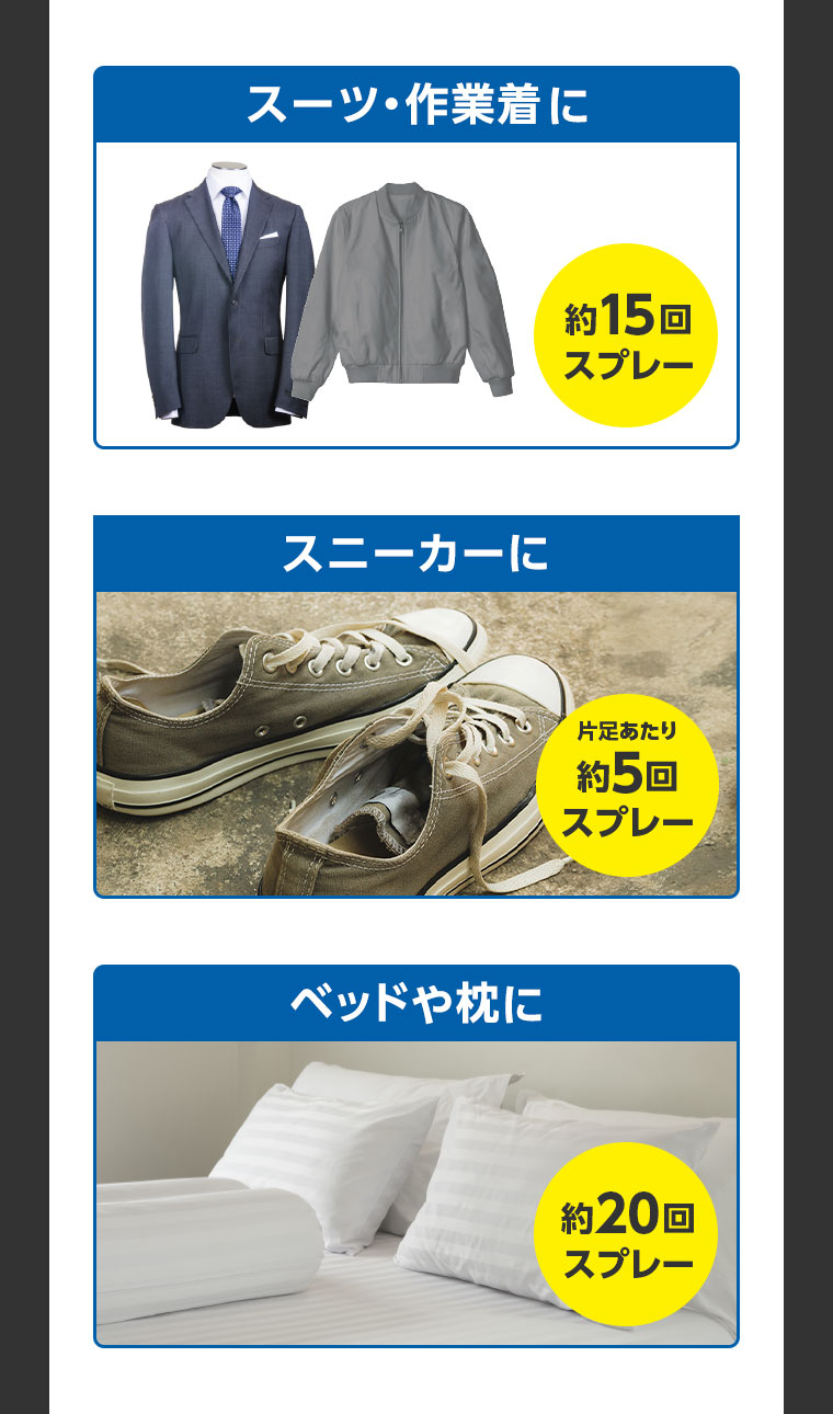 スーツ・作業着に 約15回スプレー スニーカーに 片足あたり約5回スプレー ベッドや枕に 約20回スプレー