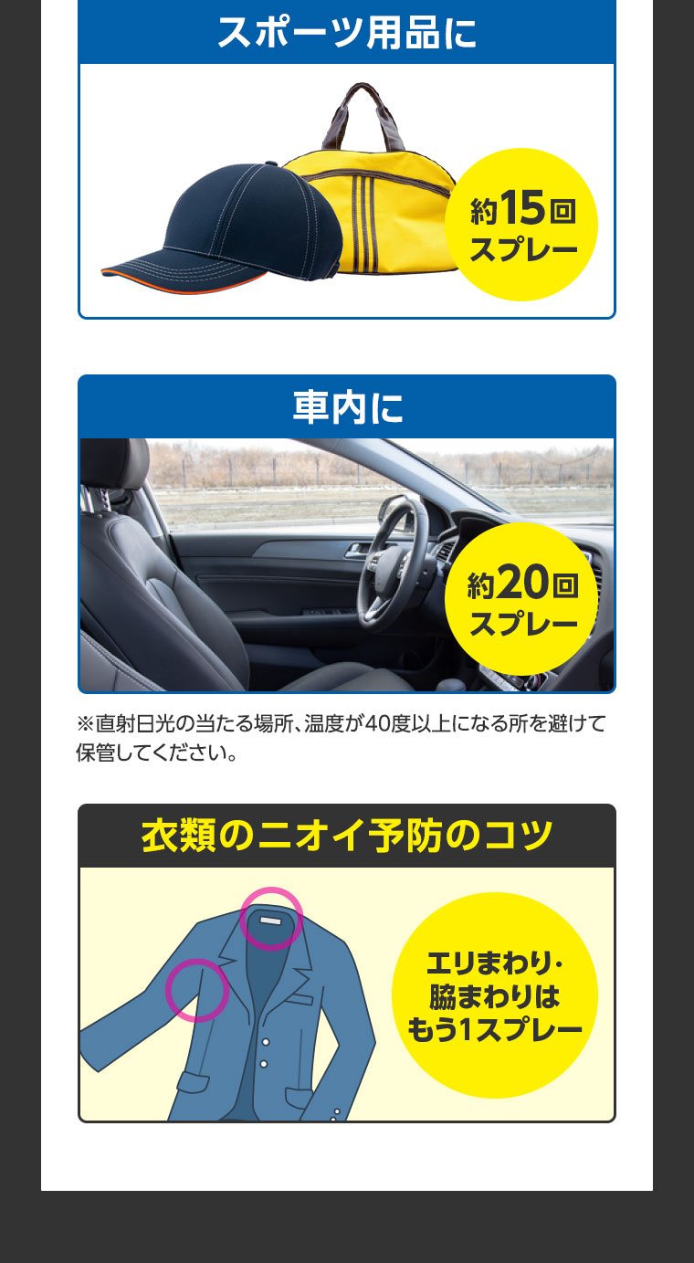 スポーツ用品に 約15回スプレー 車内に 約20回スプレー ※直射日光の当たる場所、温度が40度以上になる所を避けて保管してください。 衣類のニオイ予防のコツ エリまわり・脇まわりはもう1スプレー