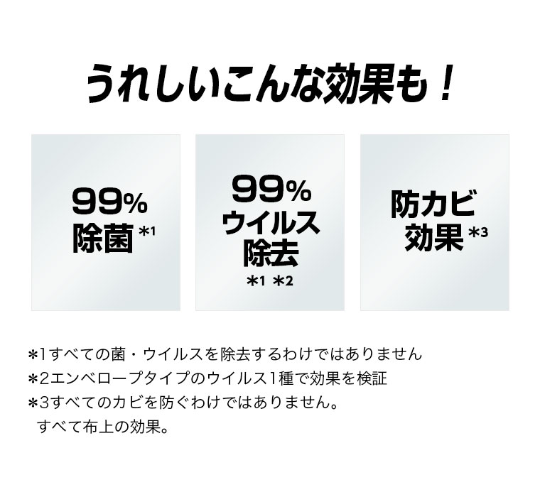 うれしいこんな効果も！ 99%除菌 99%ウイルス除去 防カビ効果 注釈(詳細は本画像をご確認ください)