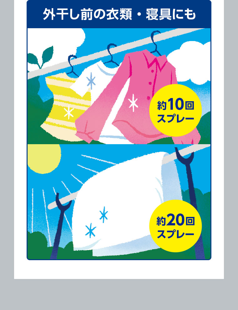外干し前の衣類・寝具にも 約10回スプレー 約20回スプレー