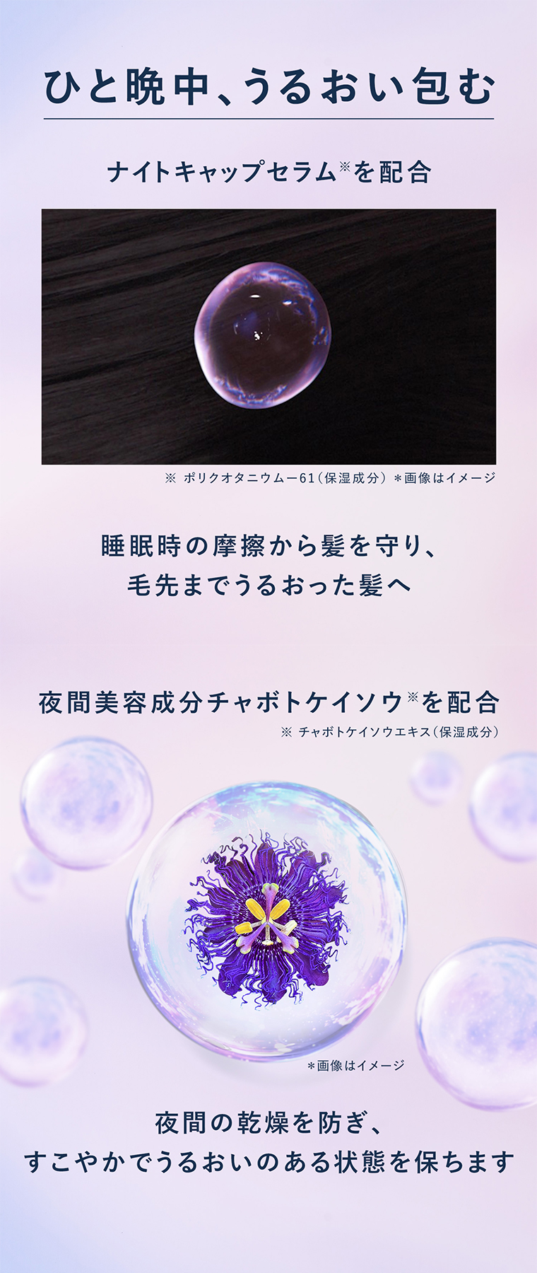 ひと晩中、毛先までうるおい包む