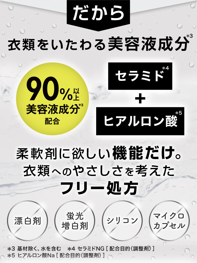だから 衣類をいたわる美容液成分 90%以上美容液成分配合 セラミド+ヒアルロン酸 柔軟剤に欲しい機能だけ。衣類へのやさしさを考えたフリー処方
