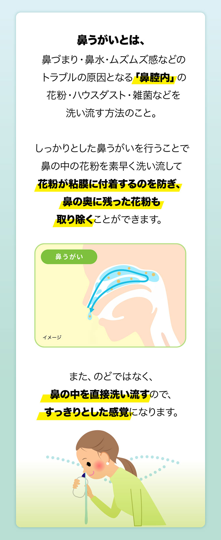 鼻うがいとは、鼻づまり・鼻水・ムズムズ感などのトラブルの原因となる「鼻腔内」の花粉・ハウスダスト・雑菌などを洗い流す方法のこと。