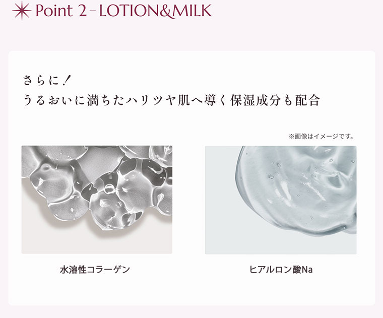 Point2 LOTION & MILK さらに！うるおいに満ちたハリツヤ肌へ導く保湿成分も配合 水溶性コラーゲン ヒアルロン酸Na