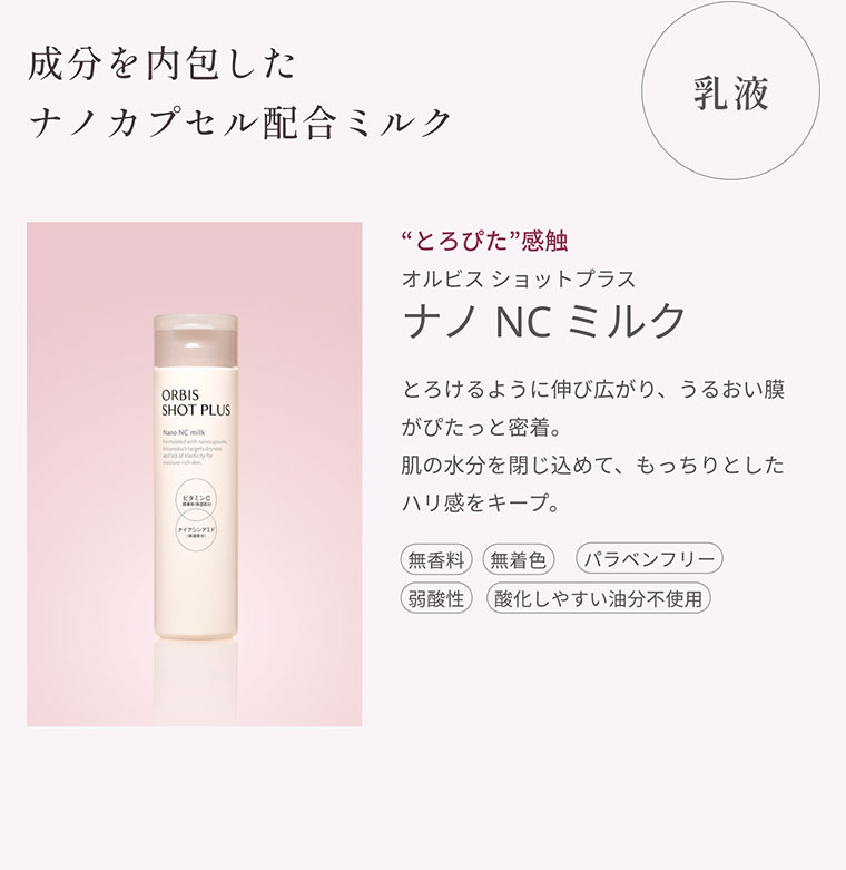 乳液 成分を内包したナノカプセル配合ミルク とろぴた感触 オルビス ショットプラス ナノNCミルク とろけるように伸び広がり、うるおい膜がぴたっと密着。肌の水分を閉じ込めて、もっちりとしたハリ感をキープ。無香料 無着色 弱酸性 パラベンフリー 酸化しやすい油分不使用