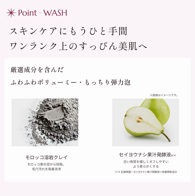 Point WASH スキンケアにもうひと手間 ワンランク上のすっぴん美肌へ 厳選成分を含んだふわふわボリューミー・もっちり弾力泡(成分の詳細は本画像をご確認ください)