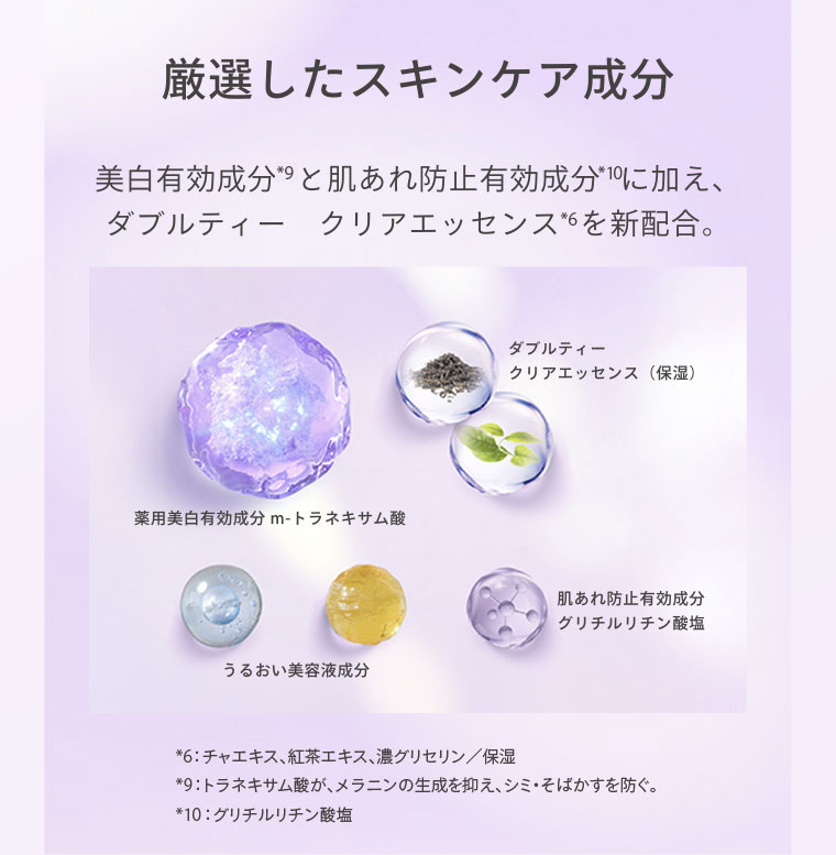 美白有効成分と肌あれ防止有効成分に加え、ダブルティー クリアエッセンスを新配合。(成分の詳細は本画像をご確認ください)