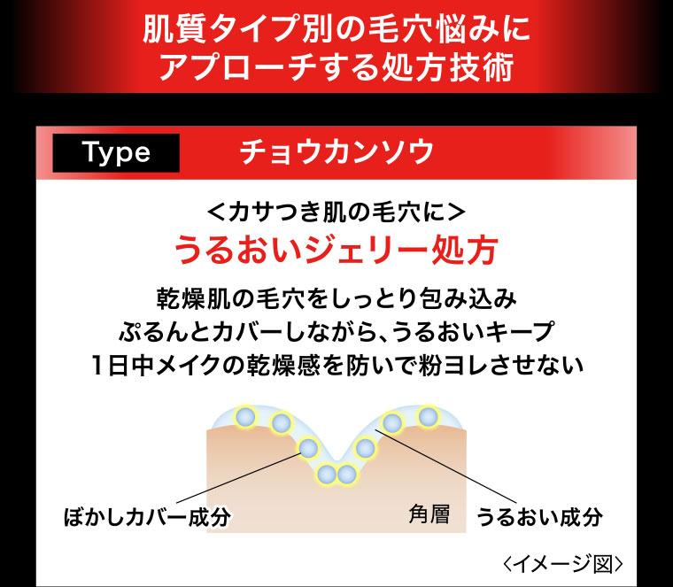 肌質タイプ別の毛穴悩みにアプローチする処方技術 Type チョウカンソウ カサつき肌の毛穴に うるおいジェリー処方 乾燥肌の毛穴をしっとり包み込みぷるんとカバーしながら、うるおいキープ 1日中メイクの乾燥感を防いで粉ヨレさせない