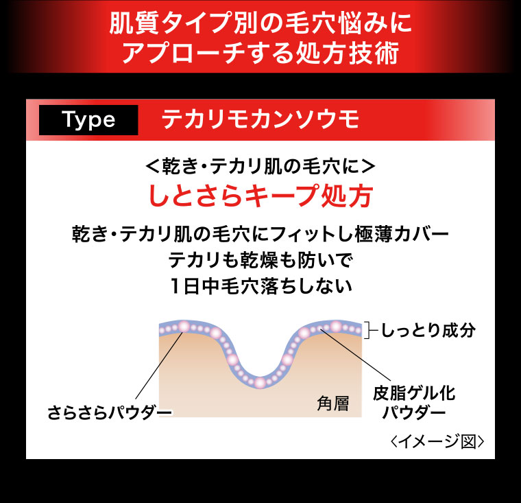 肌質タイプ別の毛穴悩みにアプローチする処方技術 Type テカリモカンソウモ 乾き・テカリ肌の毛穴に しとさらキープ処方 乾き・テカリ肌の毛穴にフィットし極薄カバー テカリ乾燥も防いで1日中毛穴落ちしない
