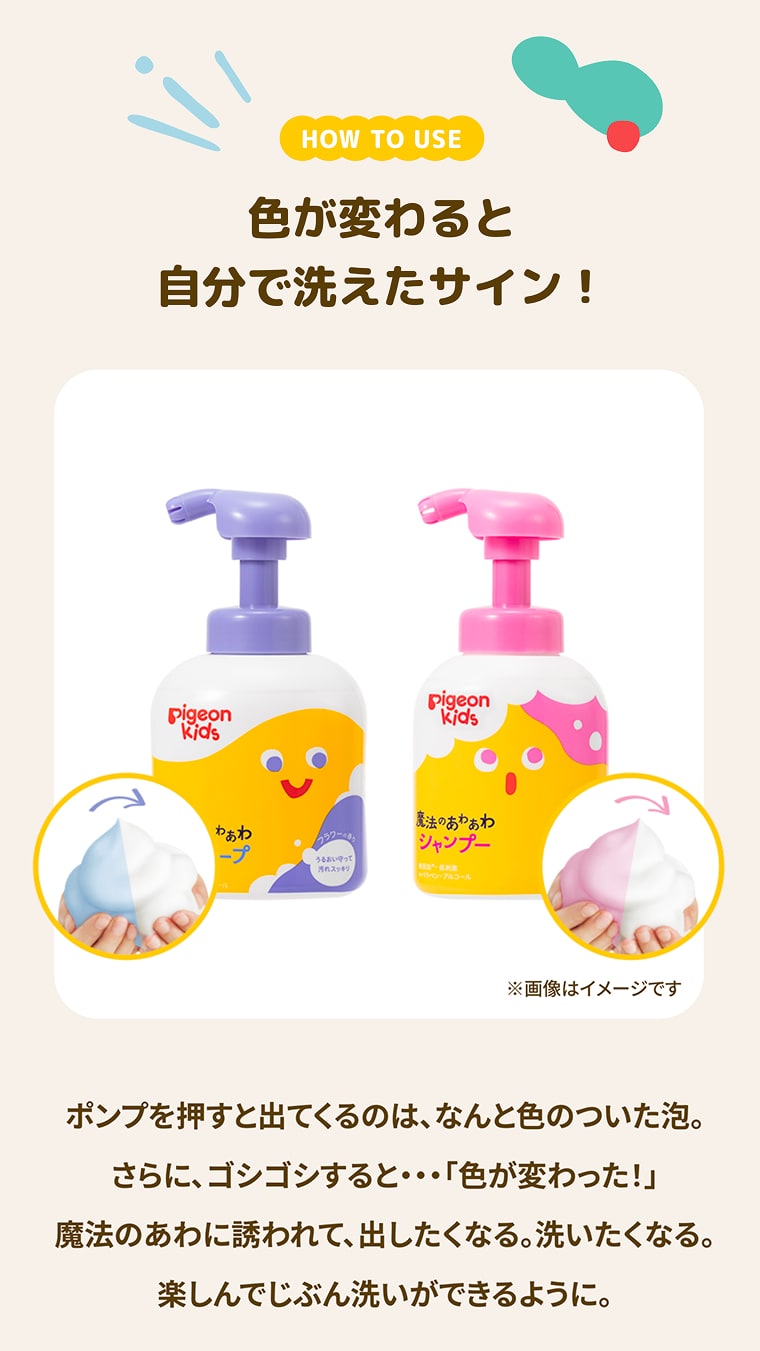HOW TO USE 色が変わると自分で洗えたサイン！ポンプを押すと出てくるのは、なんと色のついた泡。さらに、ゴシゴシすると・・・「色が変わった！」魔法のあわに誘われて、出したくなる。洗いたくなる。楽しんでじぶん洗いができるように。