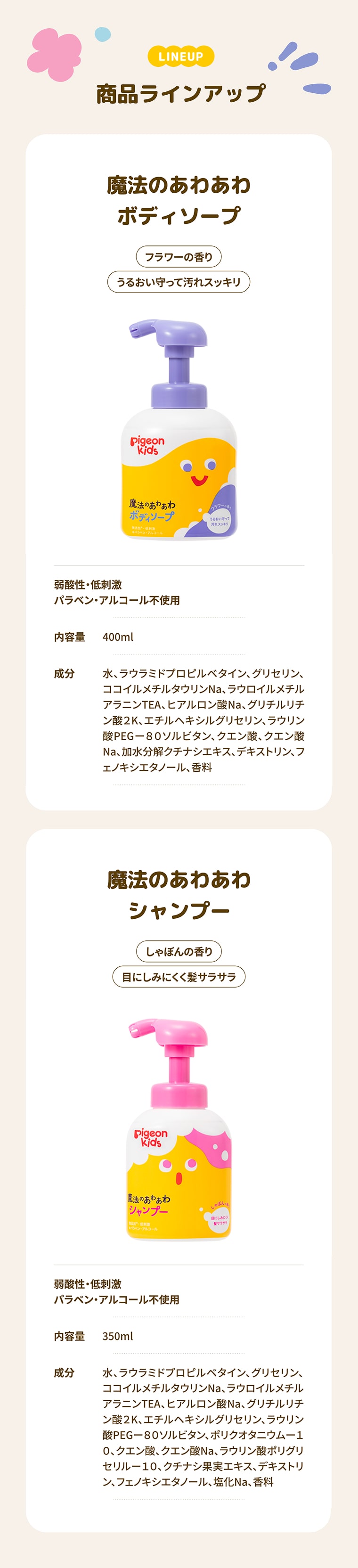 LINEUP／商品ラインアップ 魔法のあわあわ ボディソープ／フラワーの香り／うるおい守って汚れスッキリ 弱酸性・低刺激／パラベン・アルコール不使用／内容量 400ml 成分: 水、ラウラミドプロピルベタイン、グリセリン、ココイルメチルタウリンNa、ラウロイルメチルアラニンTEA、ヒアルロン酸Na、グリチルリチン酸2K、エチルヘキシルグリセリン、ラウリン酸PEG-80ソルビタン、クエン酸、クエン酸Na、加水分解アラチャエキス、デキストリン、フェノキシエタノール、香料, 魔法のあわあわ シャンプー／しゃぼんの香り／目にしみにくく髪サラサラ 弱酸性・低刺激／パラベン・アルコール不使用／内容量 350ml 成分: 水、ラウラミドプロピルベタイン、グリセリン、ココイルメチルタウリンNa、ラウロイルメチルアラニンTEA、ヒアルロン酸Na、グリチルリチン酸2K、エチルヘキシルグリセリン、ラウリン酸PEG-80ソルビタン、ポリクオタニウム-10、クエン酸、クエン酸Na、ラウリン酸ポリグリセリル-10、プラセンタエキス、デキストリン、フェノキシエタノール、塩化Na、香料