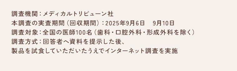 調査機関 メディカルトリビューン社。本調査の実査期間(回収期間) 2025年9月6日 9月10日。調査対象 全国の医師100名(歯科・口腔外科・形成外科を除く)。調査方式 回答者へ資料を提示した後、製品を試食していただいたうえでインターネット調査を実施