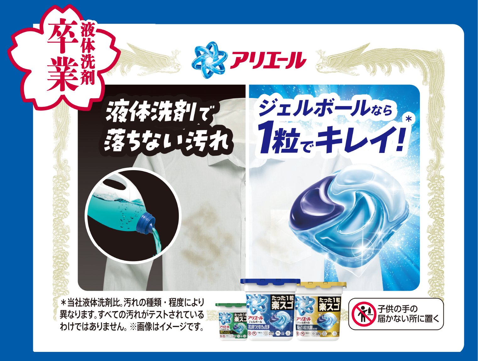 液体洗剤卒業 液体洗剤で落ちない汚れ ジェルボールなら１粒でキレイ！