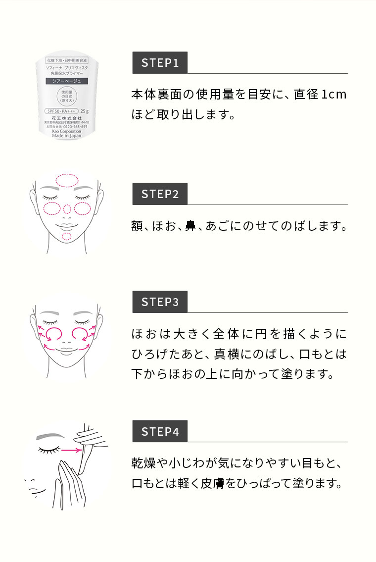 STEP1 本体裏面の使用量を目安に、直径1cmほど取り出します。 STEP2 額、ほお、鼻、あごにのせてのばします。 STEP3 ほおは大きく全体に円を描くようにひろげたあと、真横にのばし、口もとは下からほおの上に向かって塗ります。 STEP4 乾燥や小じわが気になりやすい目もと、口もとは軽く皮膚をひっぱって塗ります。