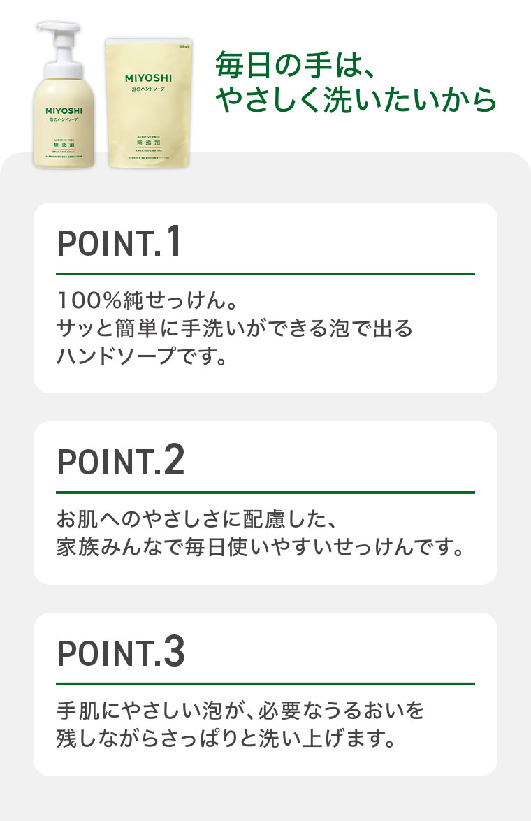 毎日の手は、やさしく洗いたいから。POINT.1 100%純せっけん。サッと簡単に手洗いができる泡で出るハンドソープです。POINT.2 お肌へのやさしさに配慮した、家族みんなで毎日使いやすいせっけんです。POINT.3 手肌にやさしい泡が、必要なうるおいを残しながらさっぱりと洗い上げます。