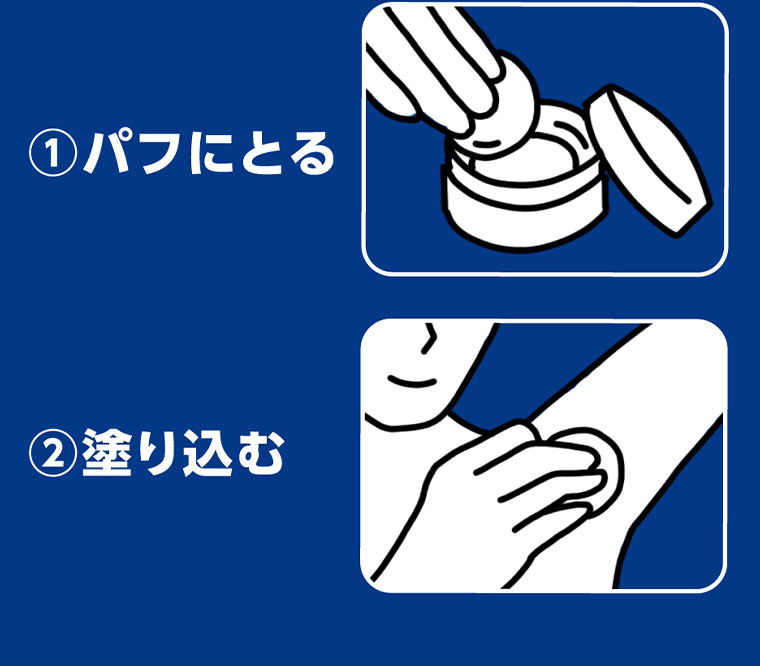 ①パフにとる。②塗り込む。