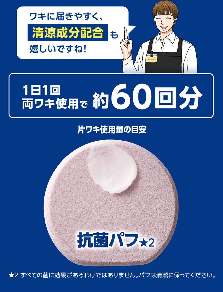 ワキに届きやすく、清涼成分配合も嬉しいですね! 1日1回両ワキ使用で約60回分。片ワキ使用量の目安(詳細は本画像をご確認ください)