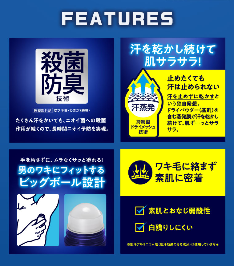 FEATURES。殺菌防臭技術。たくさん汗をかいても、ニオイ菌への殺菌作用が続くので、長時間ニオイ予防を実現。汗を乾かし続けて、肌サラサラ! 止めたくても汗は止められない。汗を止めずに乾かすという独自発想。ドライパウダー(基剤)を含む蒸発膜が汗を乾かし続けて、肌ずーっとサラサラ。手を汚さずに、ムラなくサッと塗れる。男のワキにフィットするビッグボール設計。ワキ毛に絡まず、素肌に密着。素肌とおなじ弱酸性。白残りしにくい。注釈(詳細は本画像をご確認ください)。図（本画像をご確認ください）。