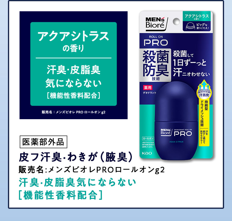 アクアシトラスの香り。汗臭・皮脂臭、気にならない。医薬部外品、皮フ汗臭・わきが(腋臭)、販売名:メンズビオレPROロールオンg2。汗臭・皮脂臭気にならない[機能性香料配合]