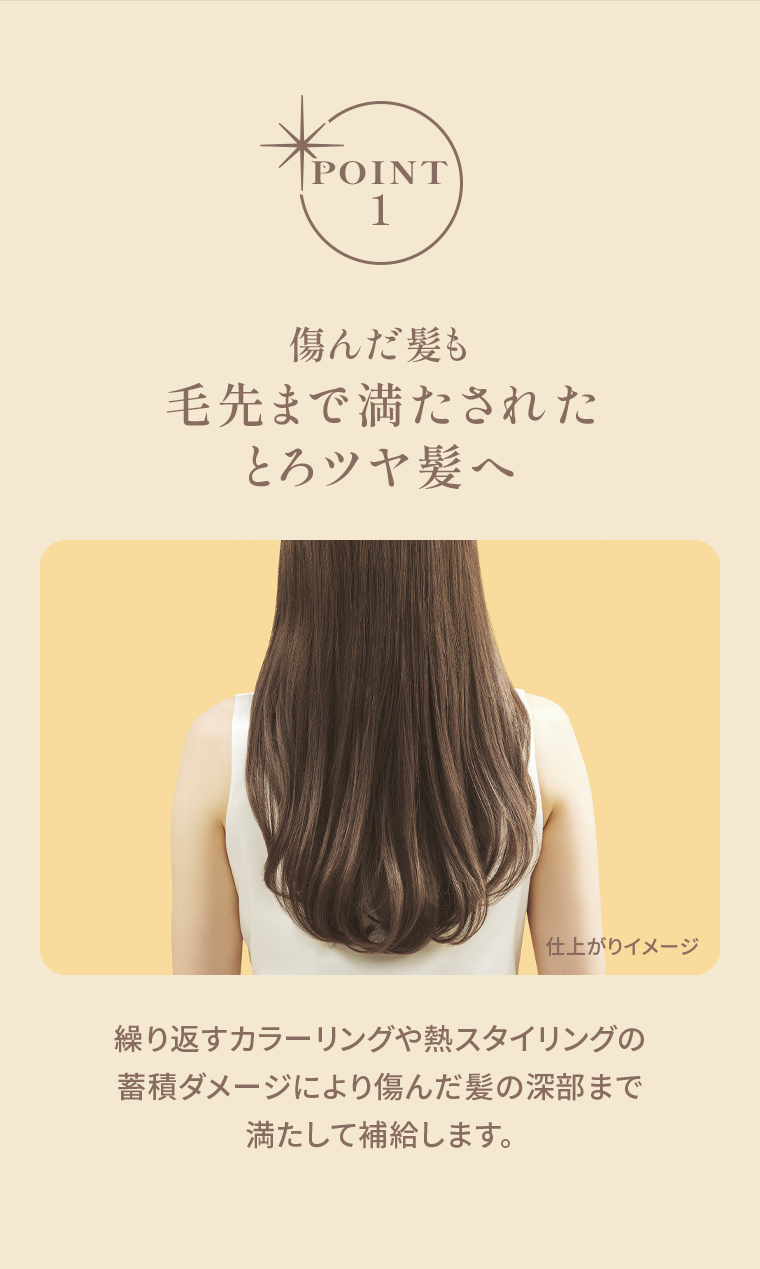 傷んだ髪も毛先まで満たされたとろツヤ髪へ繰り返すカラーリングや熱スタイリングの蓄積ダメージにより傷んだ髪の深部まで満たして補給します。