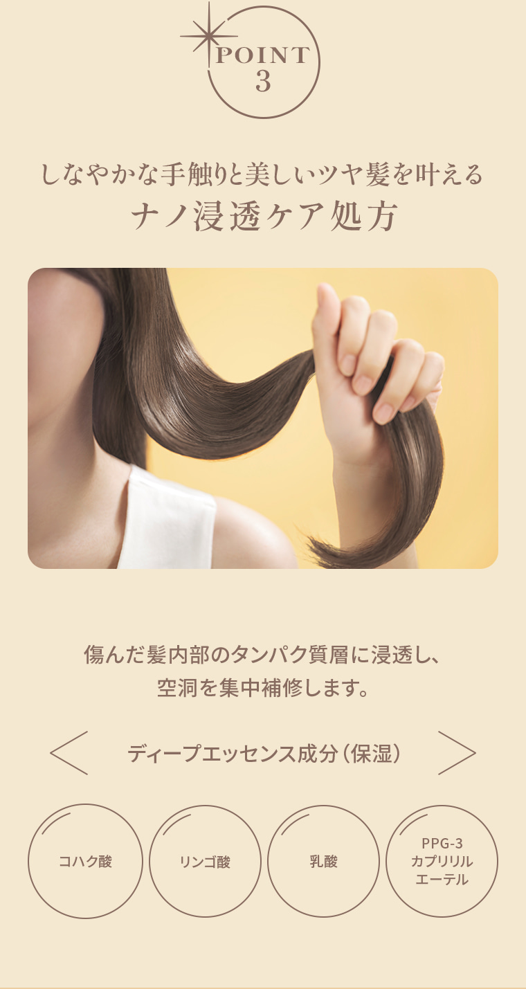 しなやかな手触りと美しいツヤ髪を叶える ナノ浸透ケア処方 傷んだ髪内部のタンパク質層に浸透し、空洞を集中補修します。