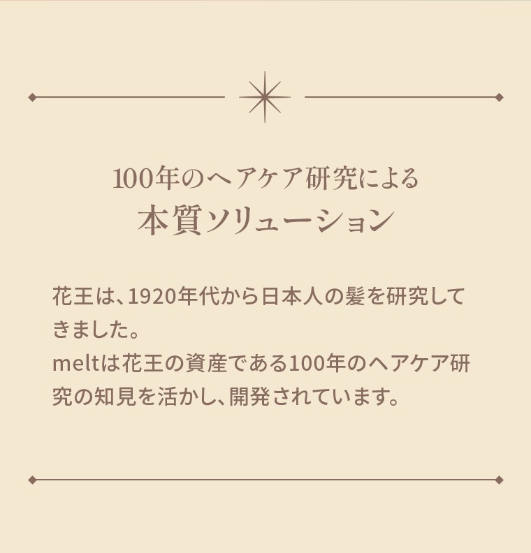 100年のヘアケア研究による 本質ソリューション 花王は、1920年代から日本人の髪を研究してきました。meltは花王の資産である100年のヘアケア研究の知見を活かし、開発されています。