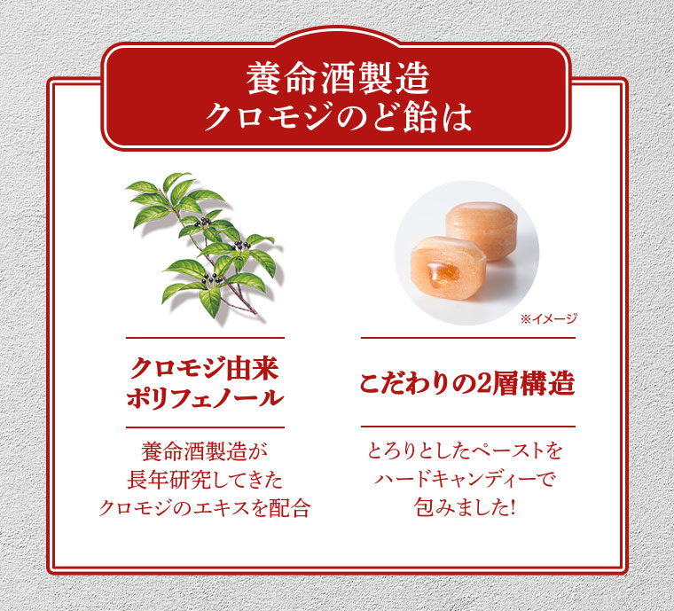 養命酒製造 クロモジのど飴は クロモジ由来ポリフェノール 養命酒製造が長年研究してきたクロモジのエキスを配合 こだわりの2層構造 とろりとしたペーストをハードキャンディーで包みました！