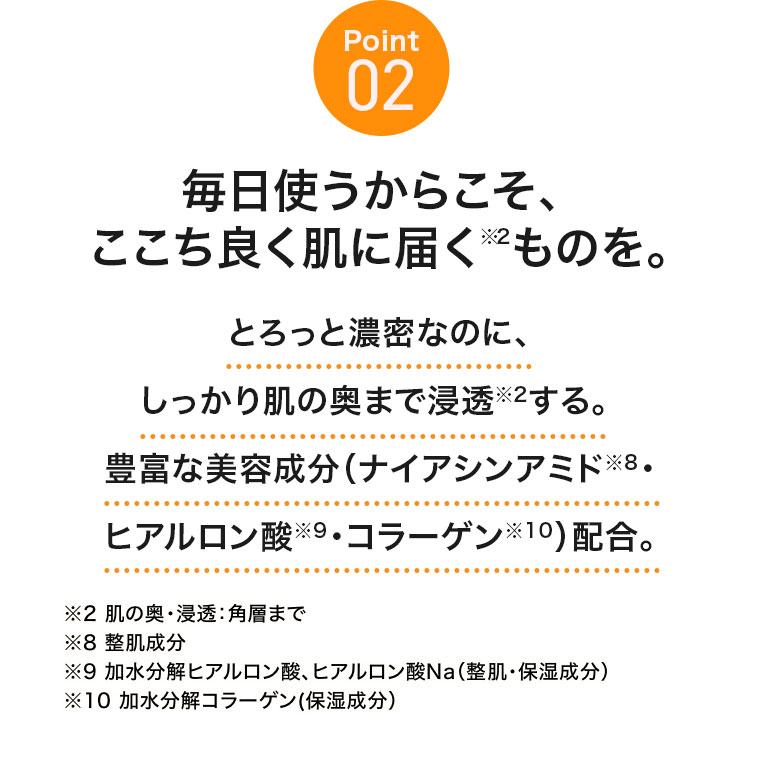 Point 02。毎日使うからこそ、ここち良く肌に届くものを。とろっと濃密なのに、しっかり肌の奥まで浸透する。豊富な美容成分(ナイアシンアミド、ヒアルロン酸・コラーゲン)配合。注釈(詳細は本画像をご確認ください)
