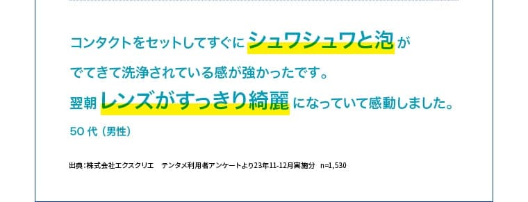 50 代（男性）：セットしてすぐにシュワシュワと泡がでてきて洗浄感が強かった。翌朝レンズがすっきり綺麗で感動。
