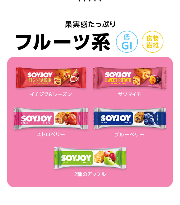 果実感たっぷり、フルーツ系。低GI、食物繊維。イチジク&レーズン、ストロベリー、サツマイモ、2種のアップル、ブルーベリー
